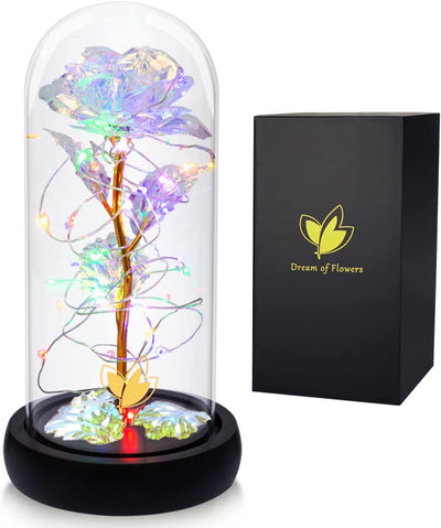 Christmas Rose Gifts for Women Glass Rose Flower Gift,Christmas Warm Light &Colorful Light Mode Xmas Gifts Birthday Gifts,Beauty and the Beast Rose,Artificial Flowers Romantic Xmas Gifts for Her